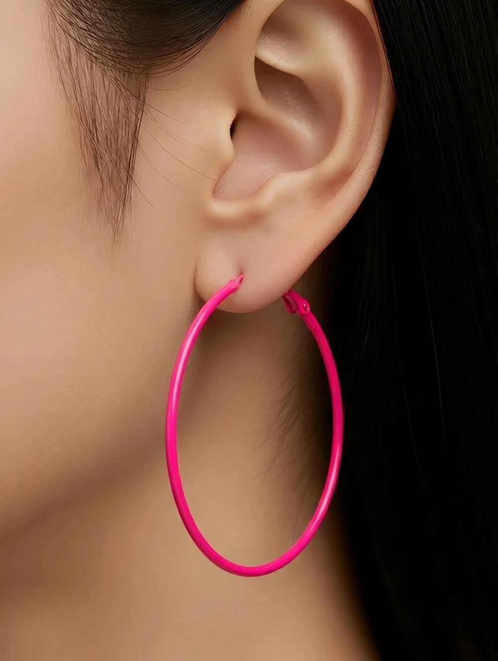 Neon Pink Hoop Earrings 60mm XL Glow Party Rave Blacklight Fluorescent Statement